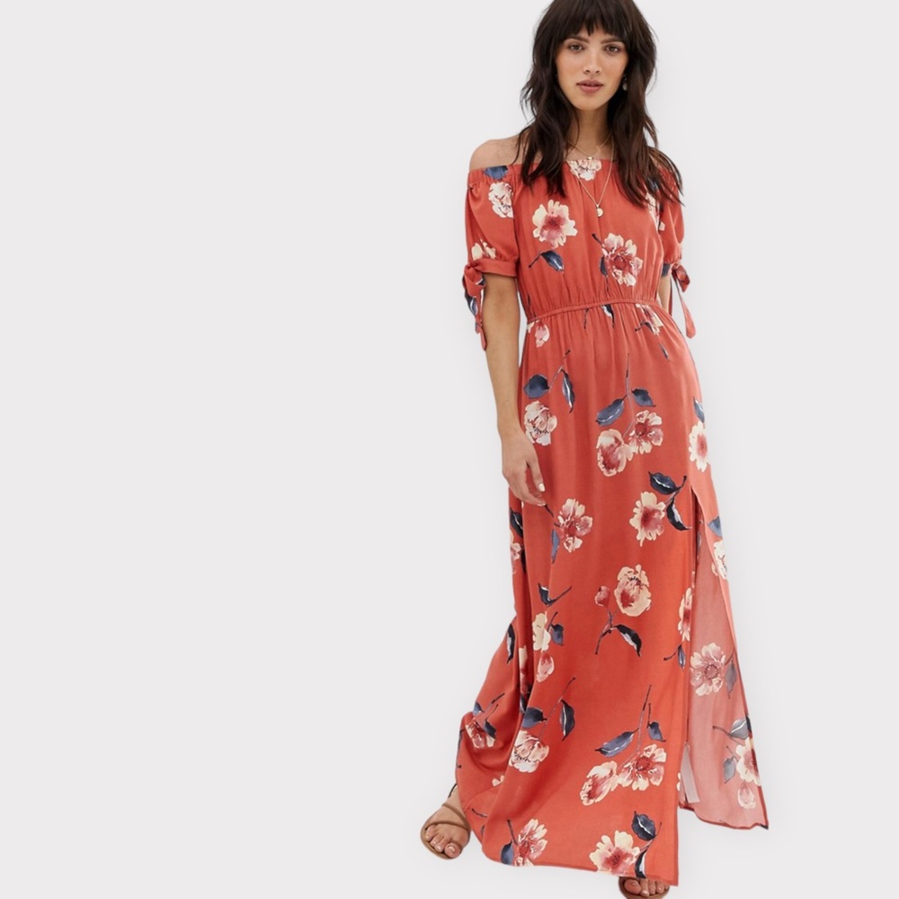 Band of Gypsies - Off Shoulder Floral Maxi Dress - Red - Size Large